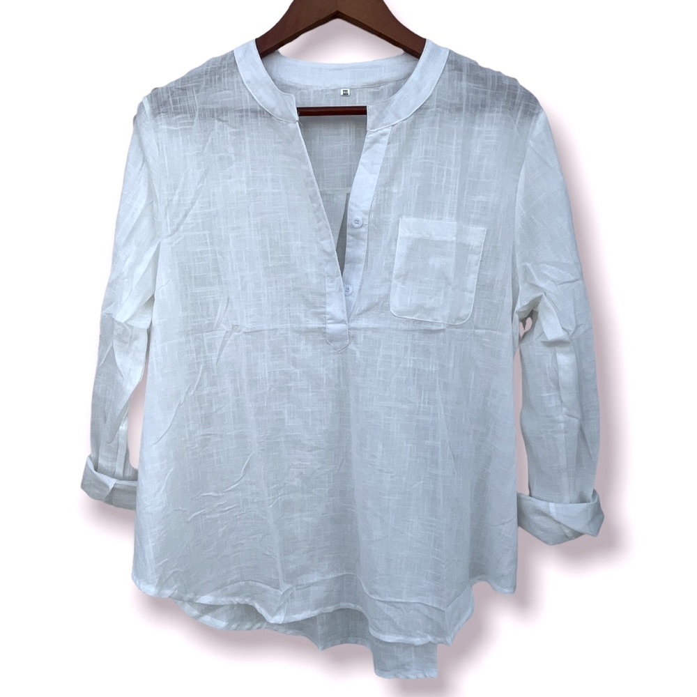 NWT V-Neck Long Sleeve Partial Button Top, White |XL - Picture 2 of 7